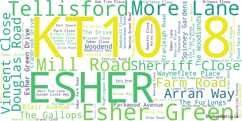 A word cloud for the KT10 8 postcode